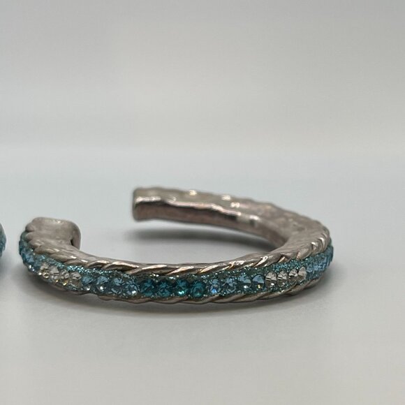 Sterling Silver Hoop Earrings With Blue Crystal Accents 925 Marked - Picture 3 of 9